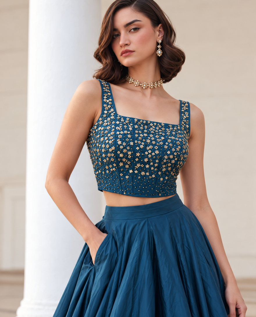 9005 Teal - Teal Silk Lehenga Choli In Plain Fabric